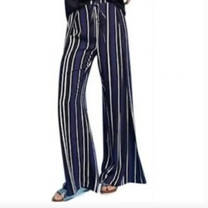 Anthropologie Maeve Wide Leg Split Blue White & Black Striped Flowy Pants Size M